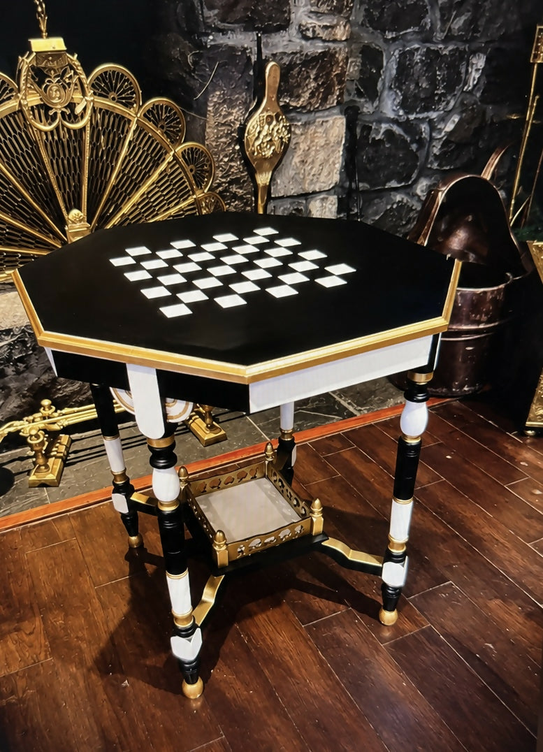 Vintage Chess & Games Table Monochrome Black, White & Gold Statement Side Table
