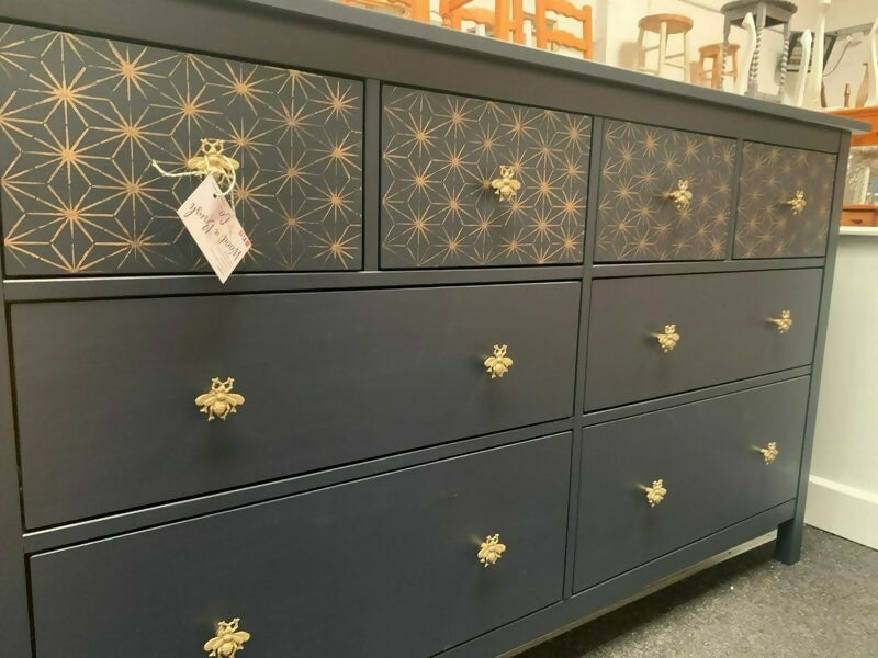 Large Painted Navy Chest Of Drawers With Gold Morrocan Stencil And Gold Bees