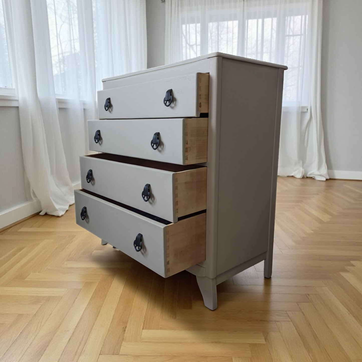 Vintage mid century chest of drawers, Lebus neutral taupe painted drawers