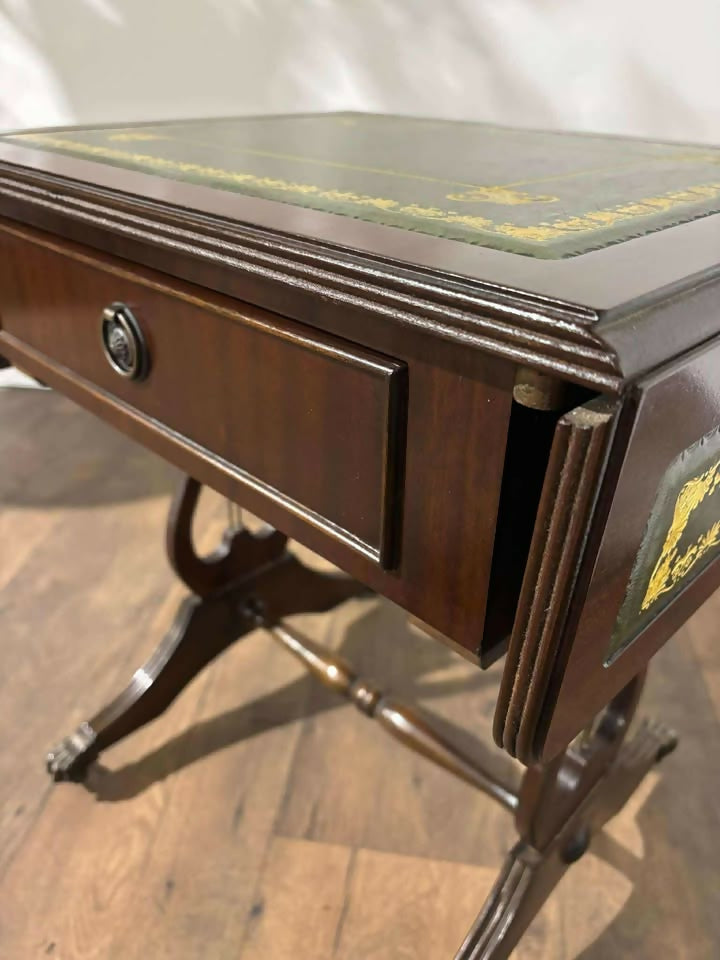 Vintage Mahogany Drop-Leaf Coffee Table with Tooled Leather Top