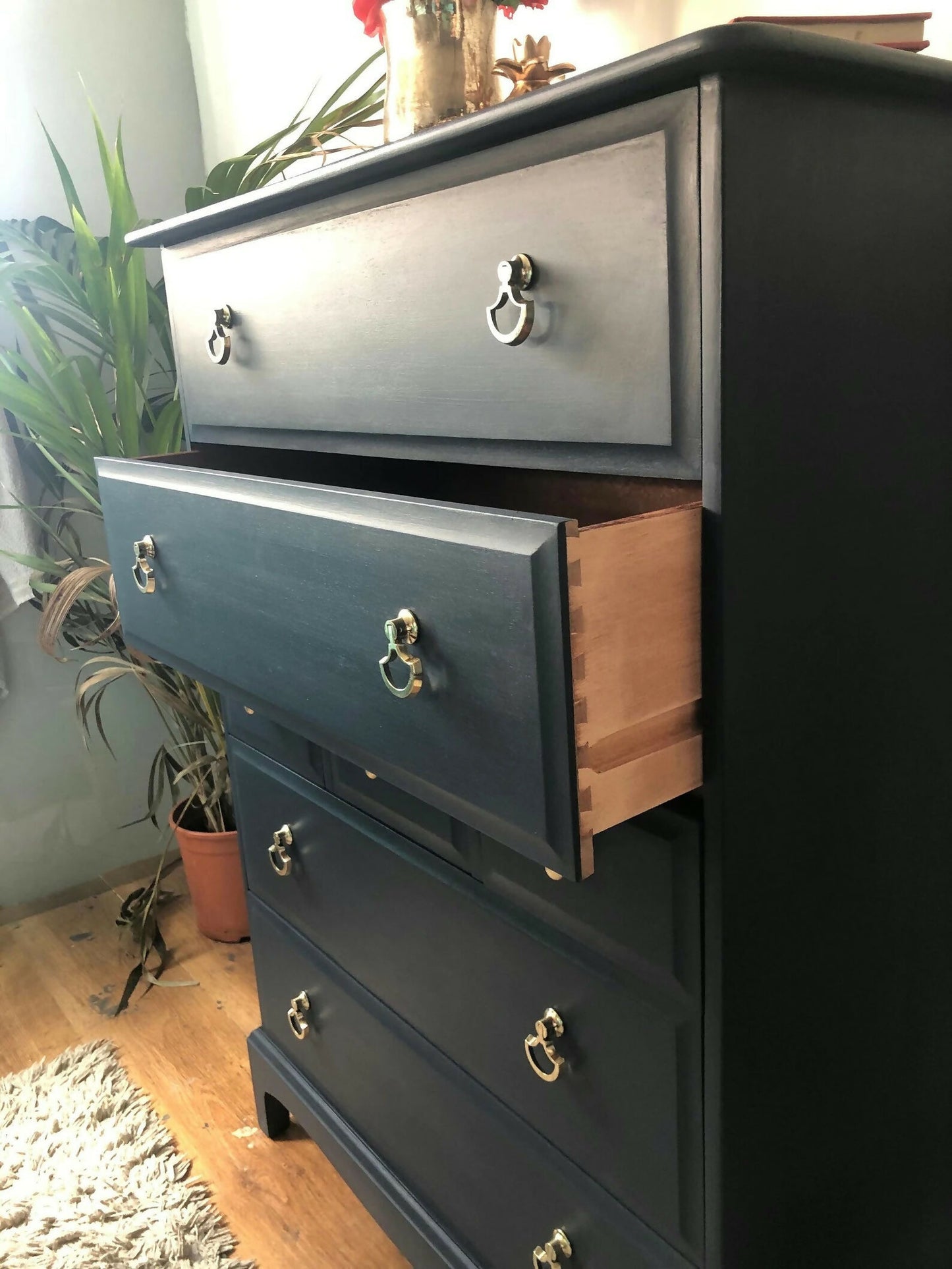 stag navy tall boy chest of drawers