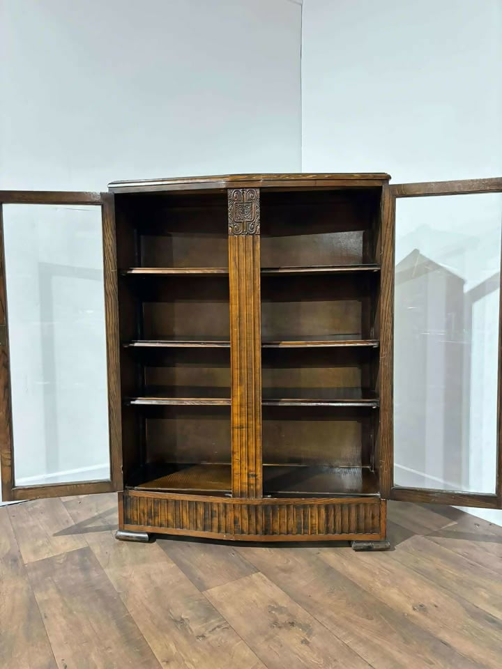 Vintage 1940s Oak Two Door Glazed Bookcase