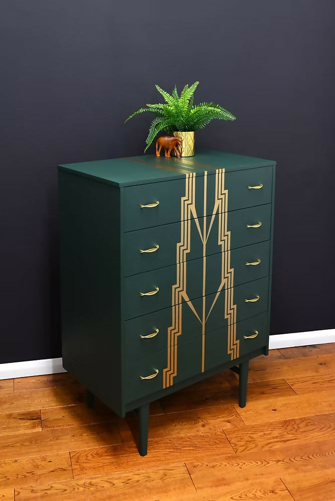 Mid Century modern Drawers,Green and Gold Chest of Drawers.