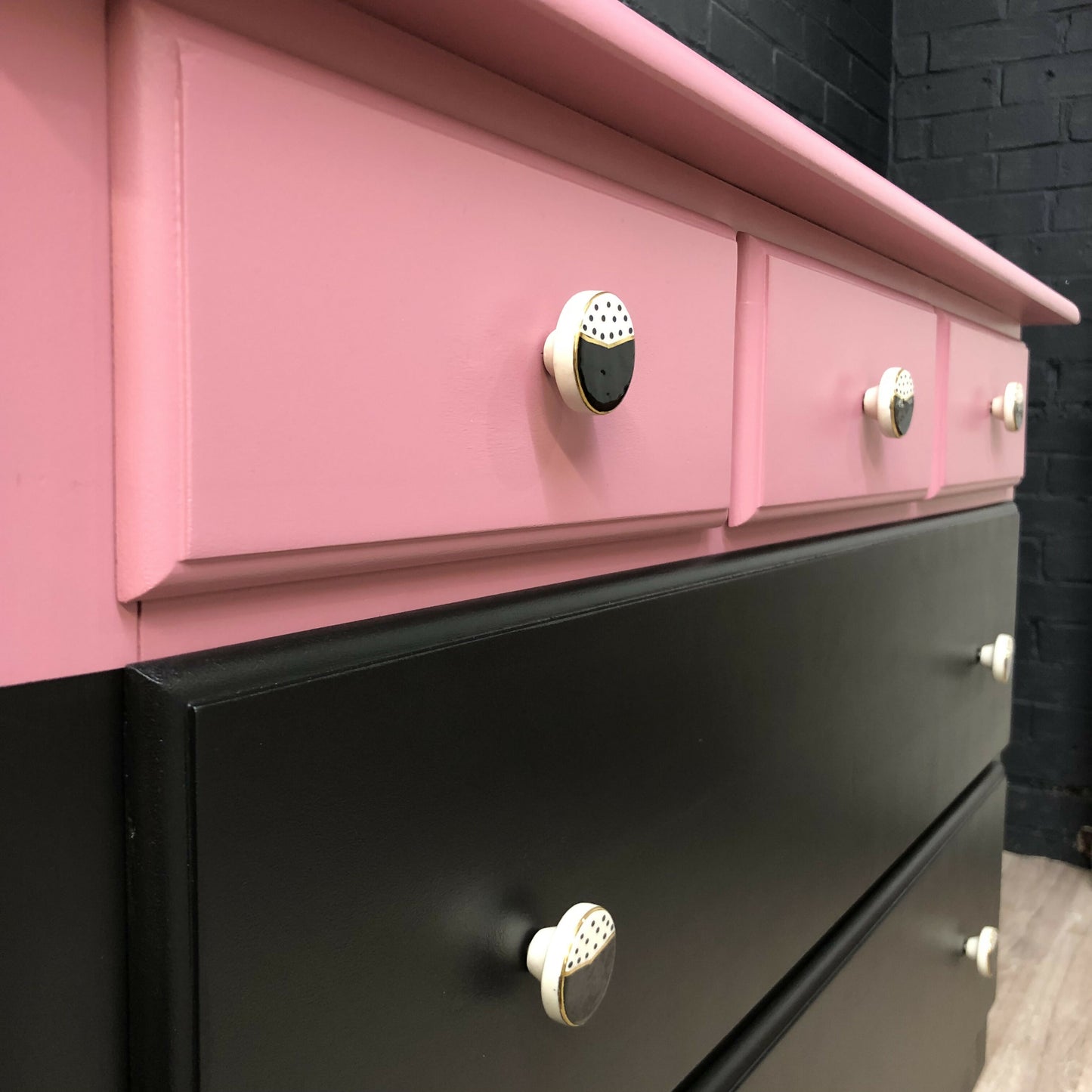 MADE TO ORDER: Upcycled chest of drawers in two-colour combination scheme, black and rasberry pink