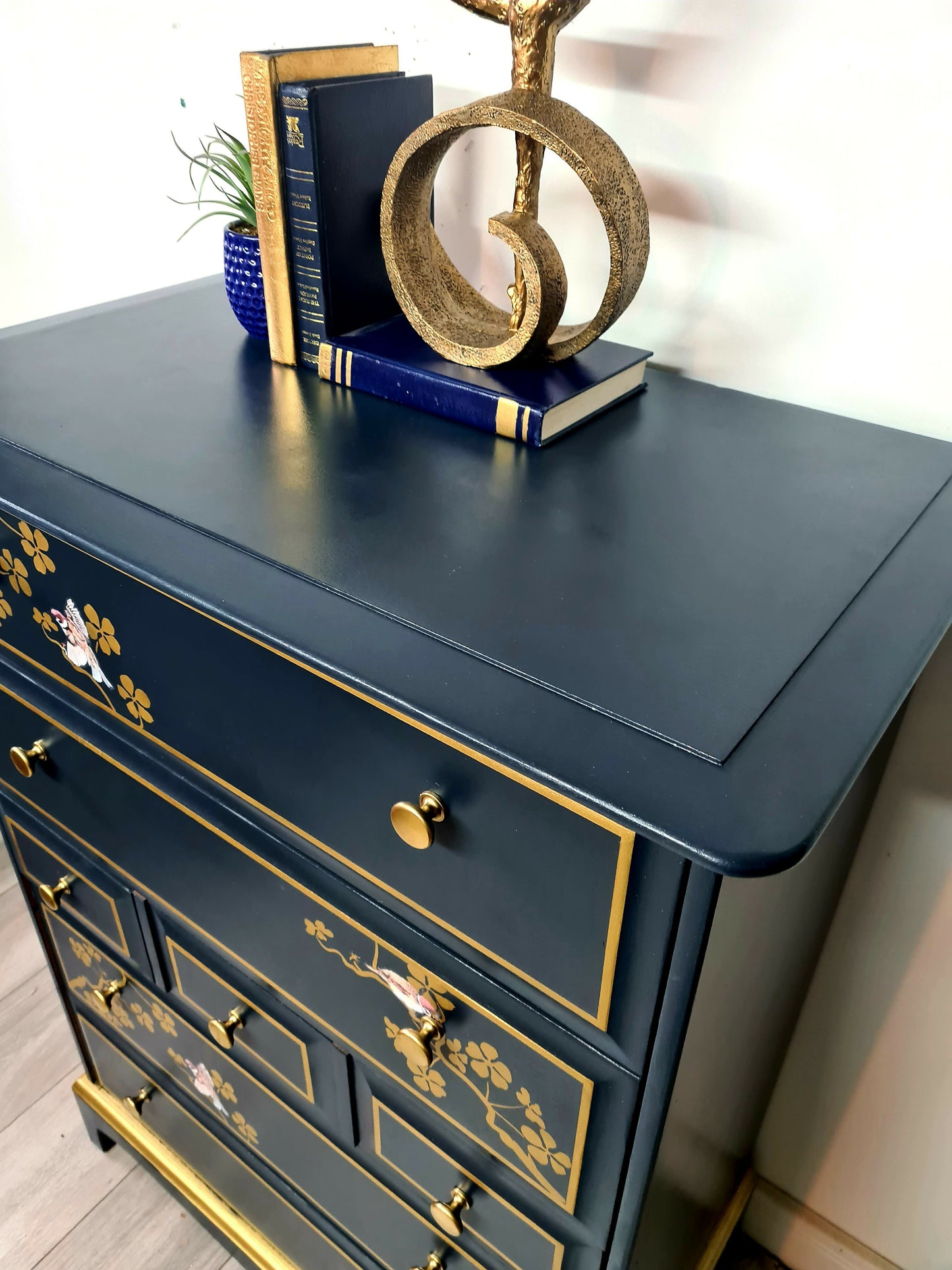 Nay and gold stag minstrel tall boy chest of drawers