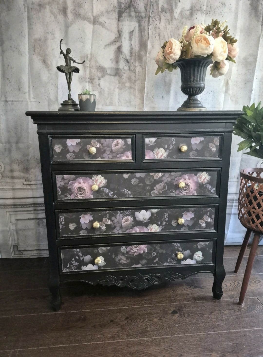 SOLD - Upcycled French Style Chest of Drawers: Black Floral Dresser with Gold Pulls
