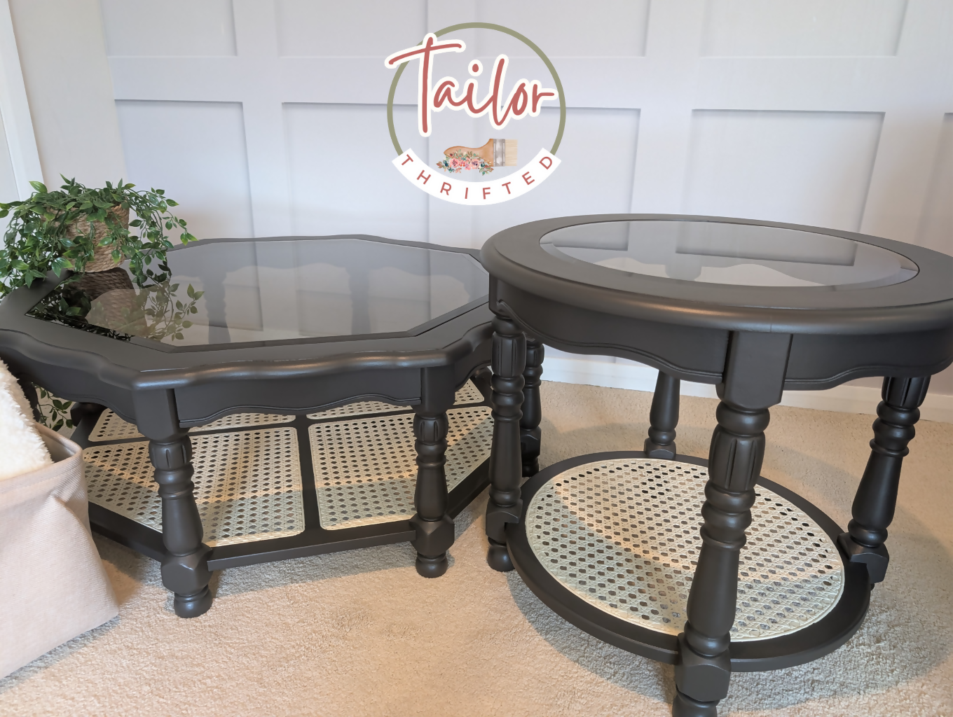 Tailor Thrifted Upcycled Vintage Cane and Glass Table Set 19