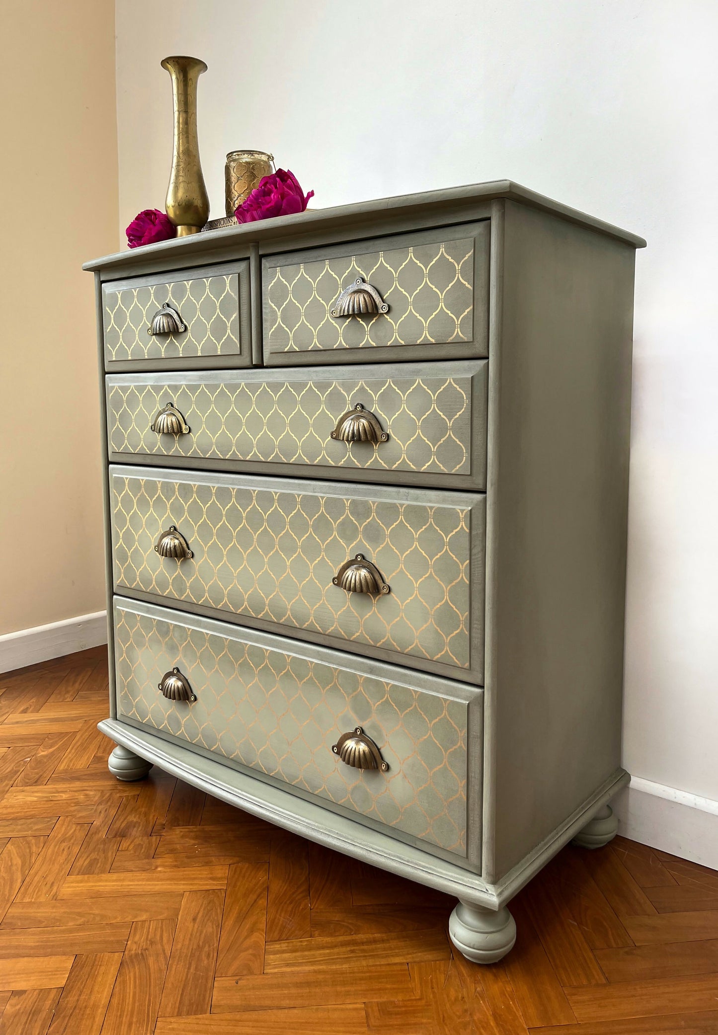 Vintage Pine Chest of Drawers Hand Painted in Green and Gold