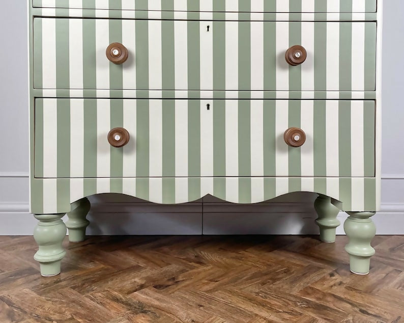 painted green and white Victorian pine chest of drawers with original solid oak handles