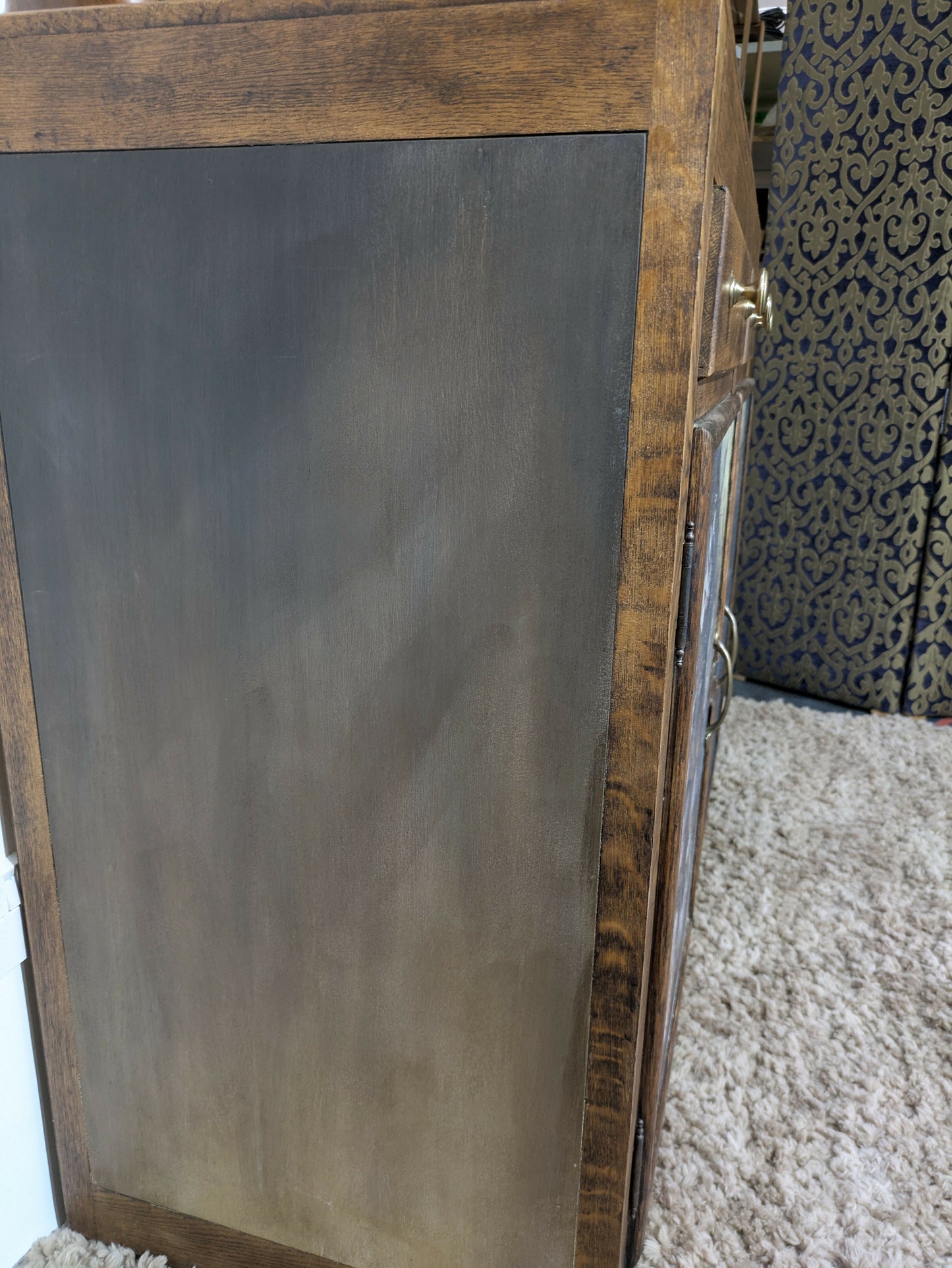 Hand-Painted Vintage Cupboard in Annie Sloan Black and Hornfleur | Decoupage Detail and Brass Hardware