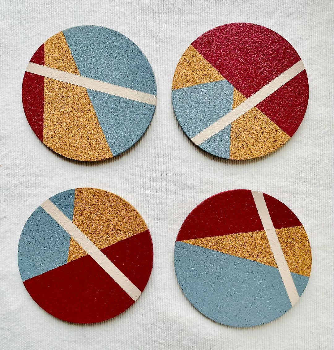 NOW SOLD Set of 4 Cork Coasters - Hand Painted Geometric/Modern Design (Blue/Crimson/White)