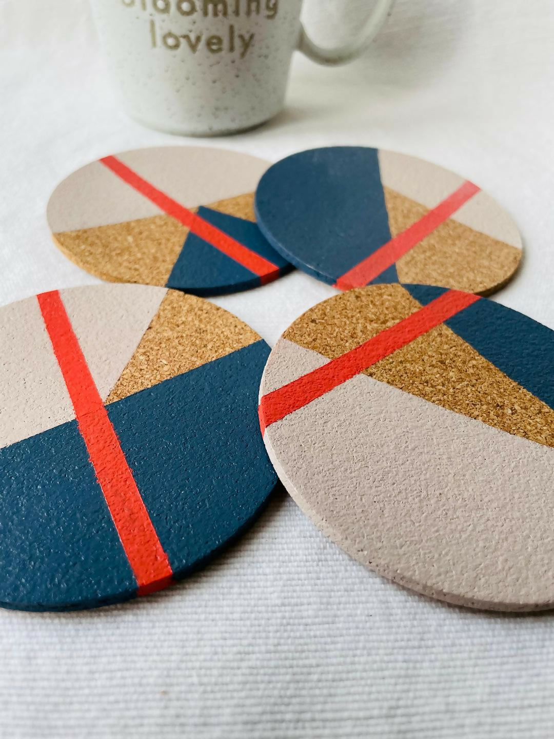 SOLD Set of 4 Cork Coasters - Hand Painted Geometric/Modern Design (Blue/Grey/Coral)