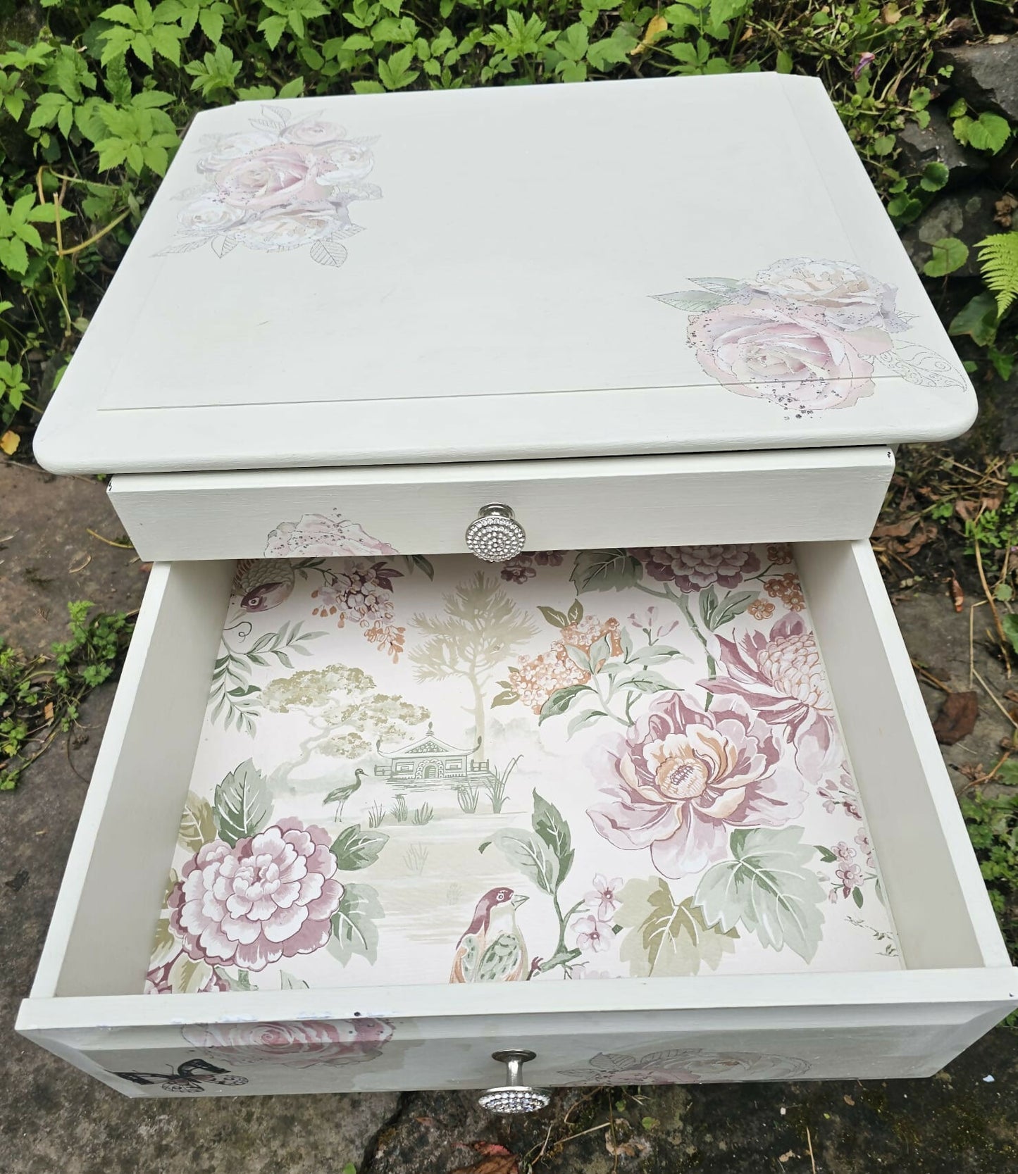 Stag Minstrel beside cabinet with 2 drawers & pullout tray painted in clotted cream