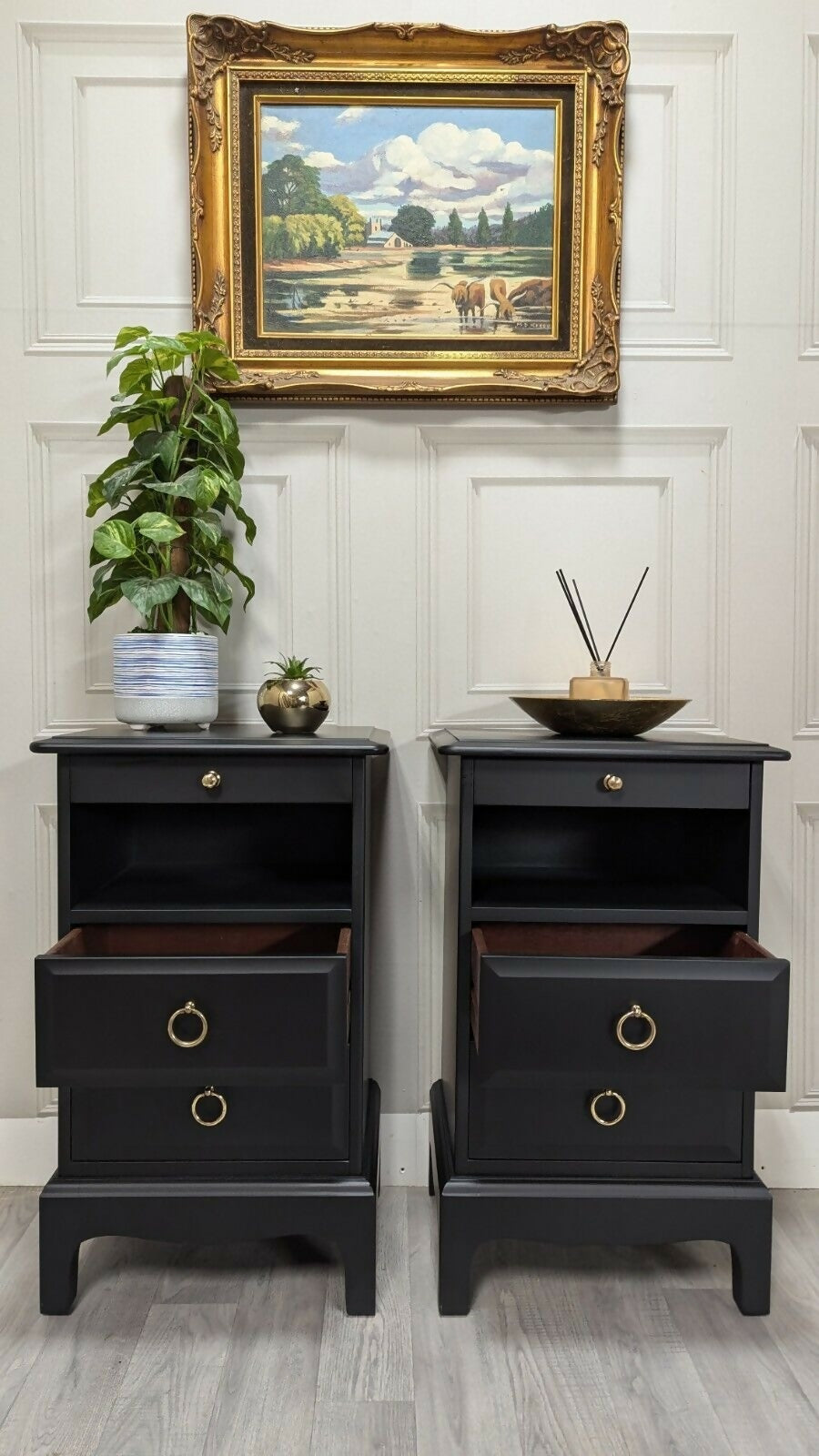 Black Stag Minstrel Pair Of 2 Drawer Narrow Bedside Tables