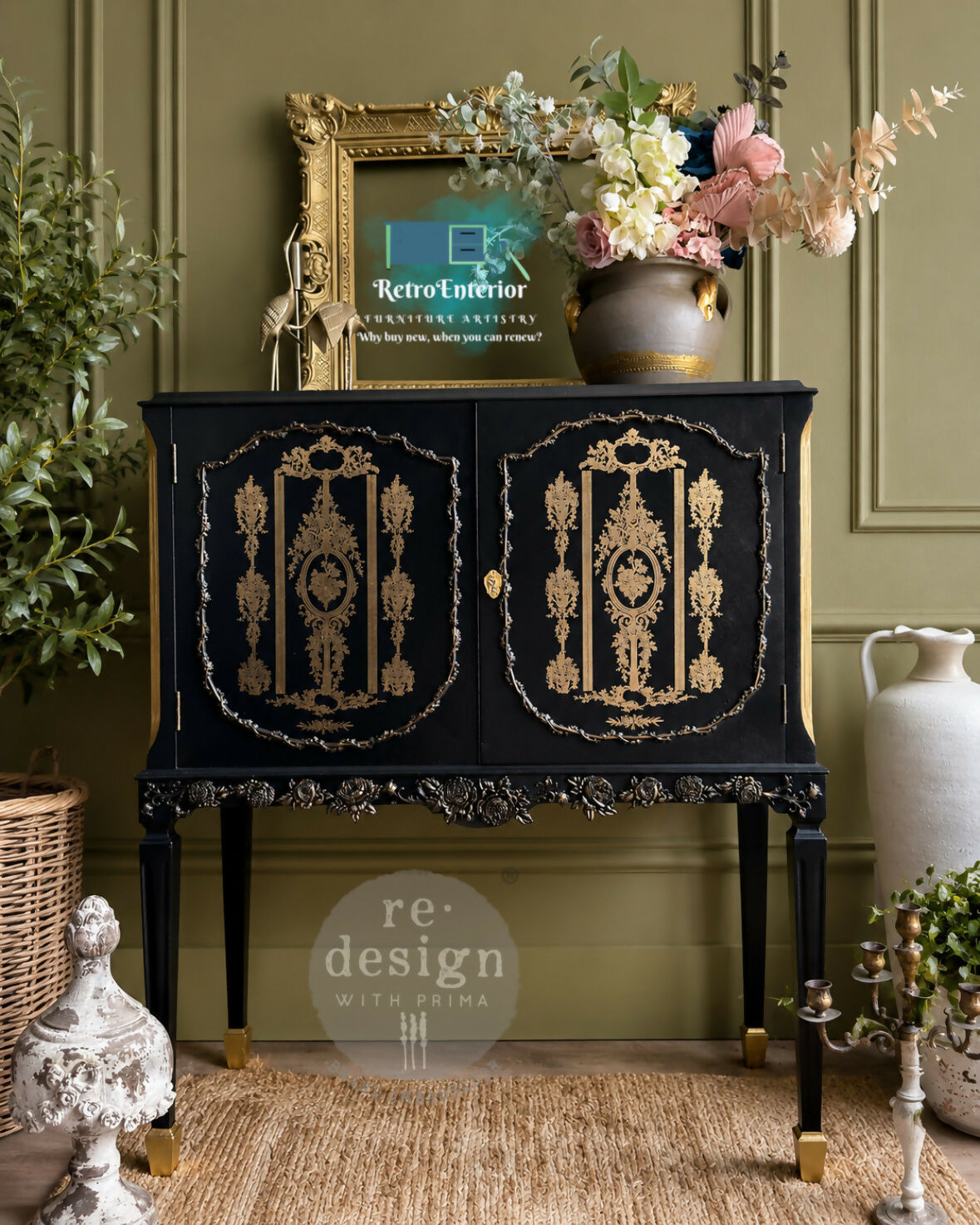 The Fleur Noire Cocktail Cabinet | Luxury Satin Black & Gold French Style Drinks Cabinet
