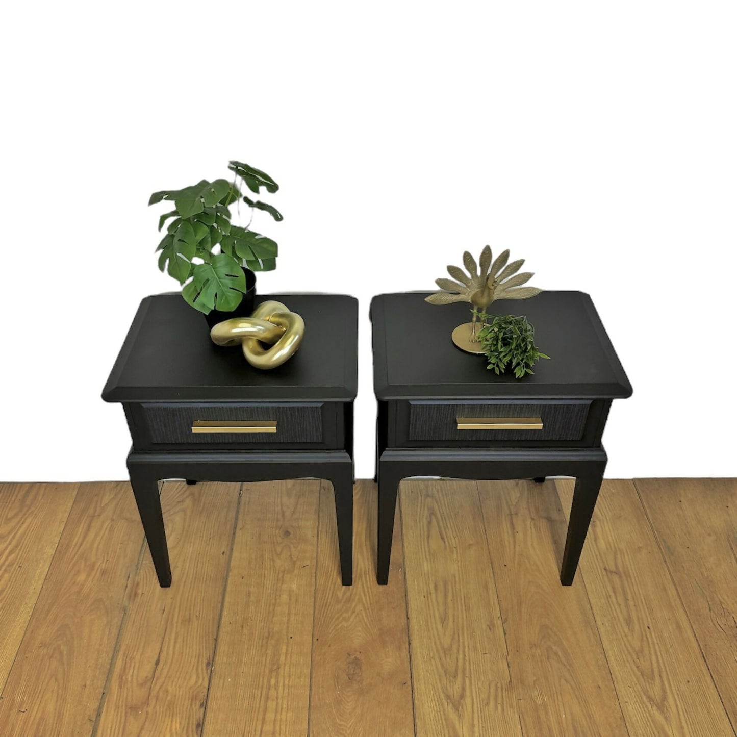 MADE TO ORDER Refinished Mid Century Stag Minstrel bedside tables, black, vintage nightstands