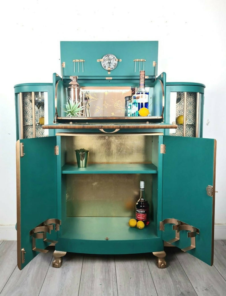 Large Art deco drinks cabinet, teal, cocktail cabinet, gin bar, vintage, retro, gin cabinet,statement,display cabinet