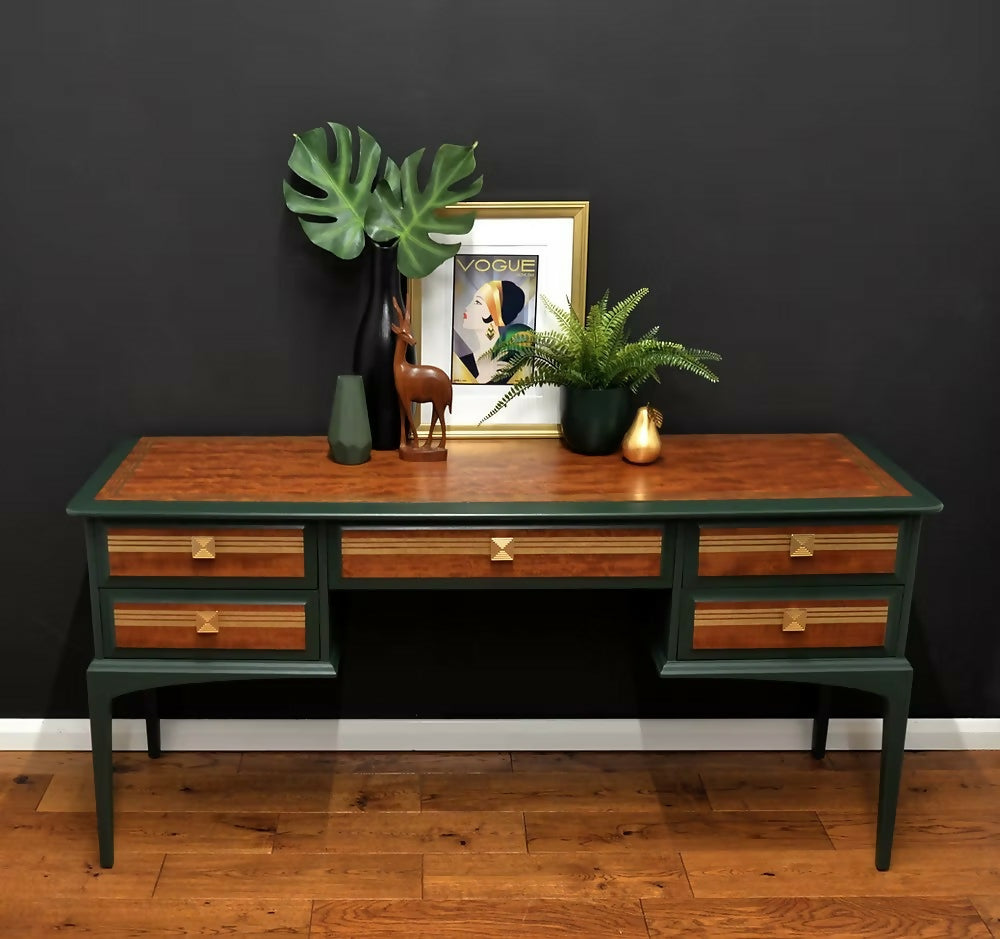 Mid Century Desk, Vintage Stag Desk, Dark Green and Gold Desk with Drawers.