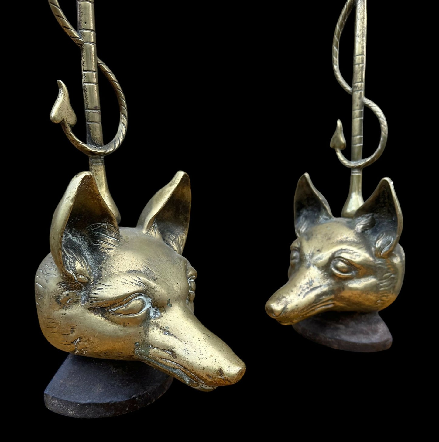 Pair of Antique Brass Fox Head Door Porters or Door Stops
