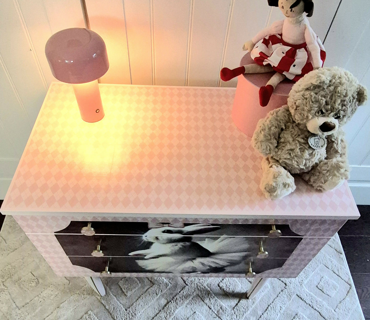 Pink Nursery Chest of Drawers – Bunny Ballerina Dresser, Upcycled MCM Kids Storage, Whimsical Baby Girl Bedroom Furniture