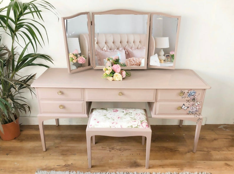 Vintage stag minstre pink floral dressing table, vanity table, pink, pink furniture, bedroom furniture, modern,mirror,stool,