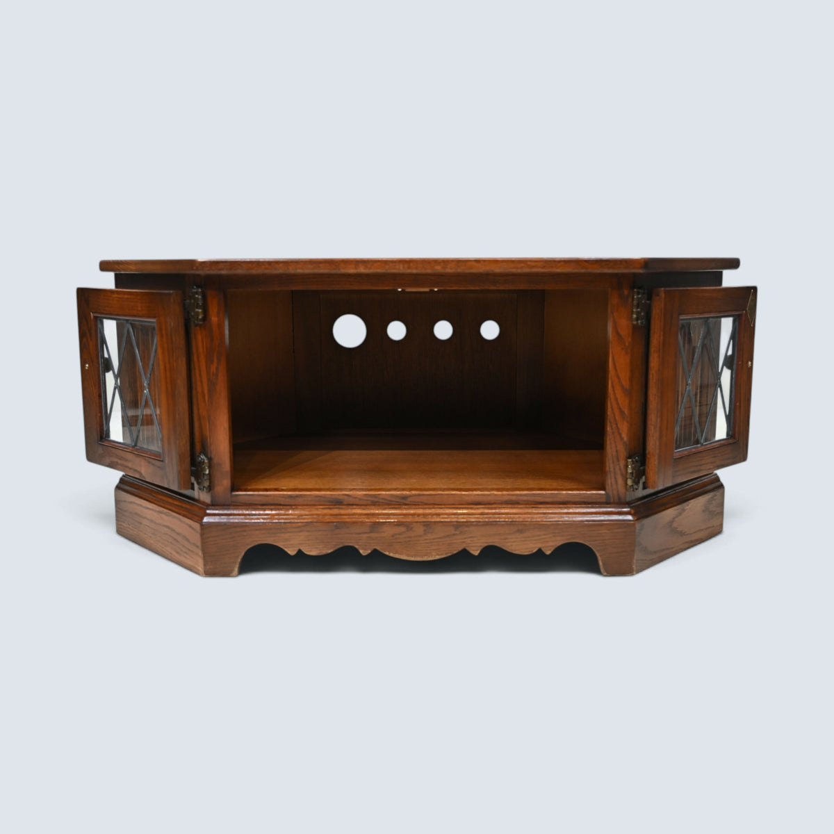 Old Charm TV Stand Linenfold Leaded Glass Doors Tudor Brown FREE UK Delivery*