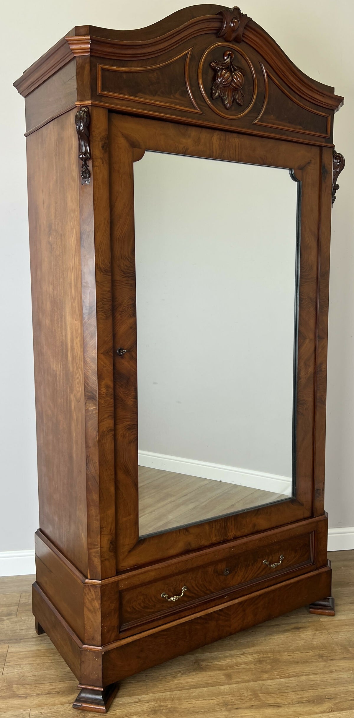 Wardrobe Antique French Style Burr Walnut Mirrored Carved Armoire LOT 6512
