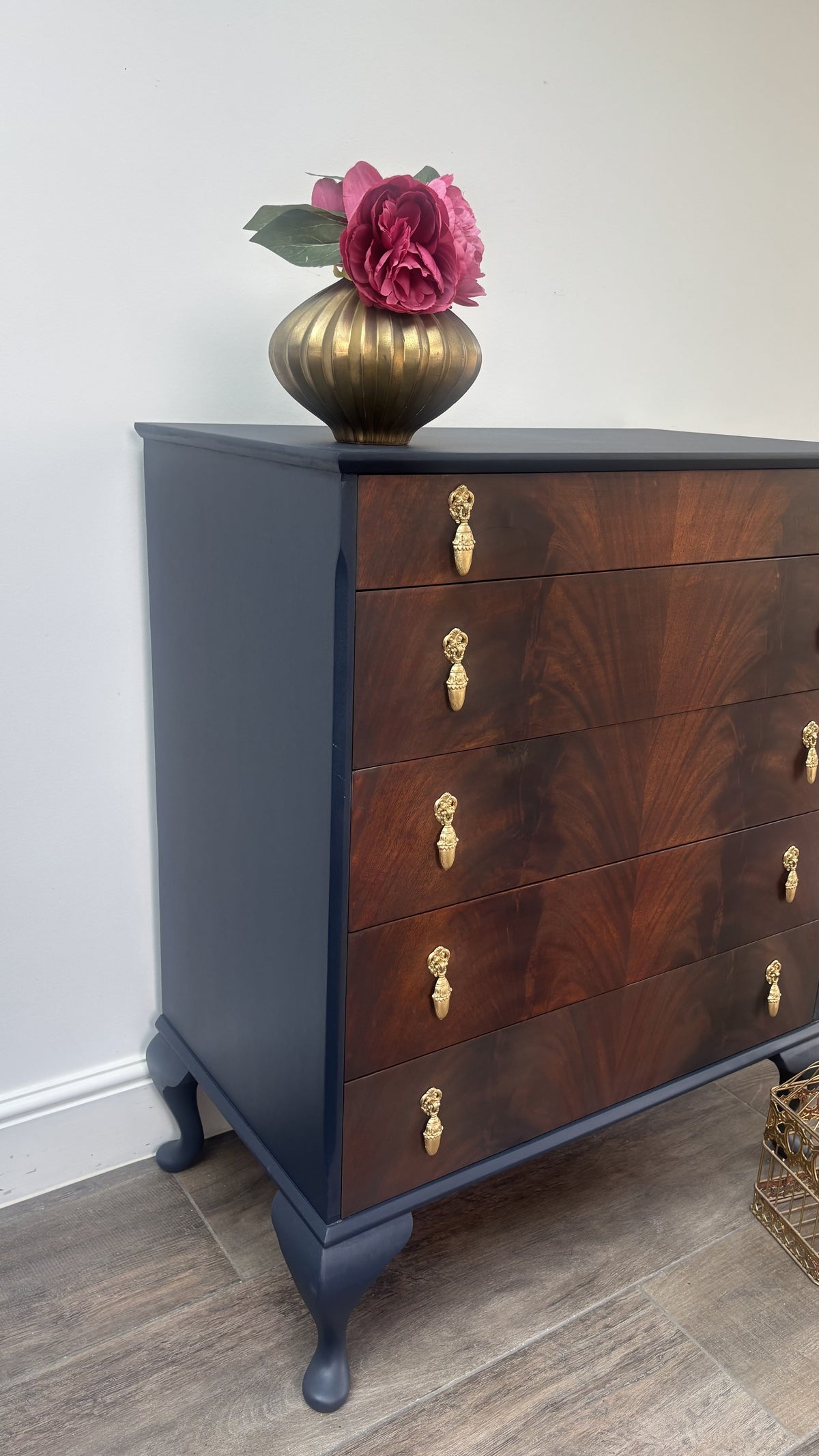 Vintage Navy Blue Flame Mahogany Dresser | Refurbished 5-Drawer Chest of Drawers | Brass Hardware Queen Anne Furniture