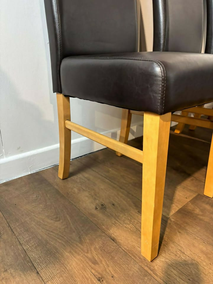 Set of Six Contemporary Dining Chairs – Black Faux Leather & Light Wood Legs