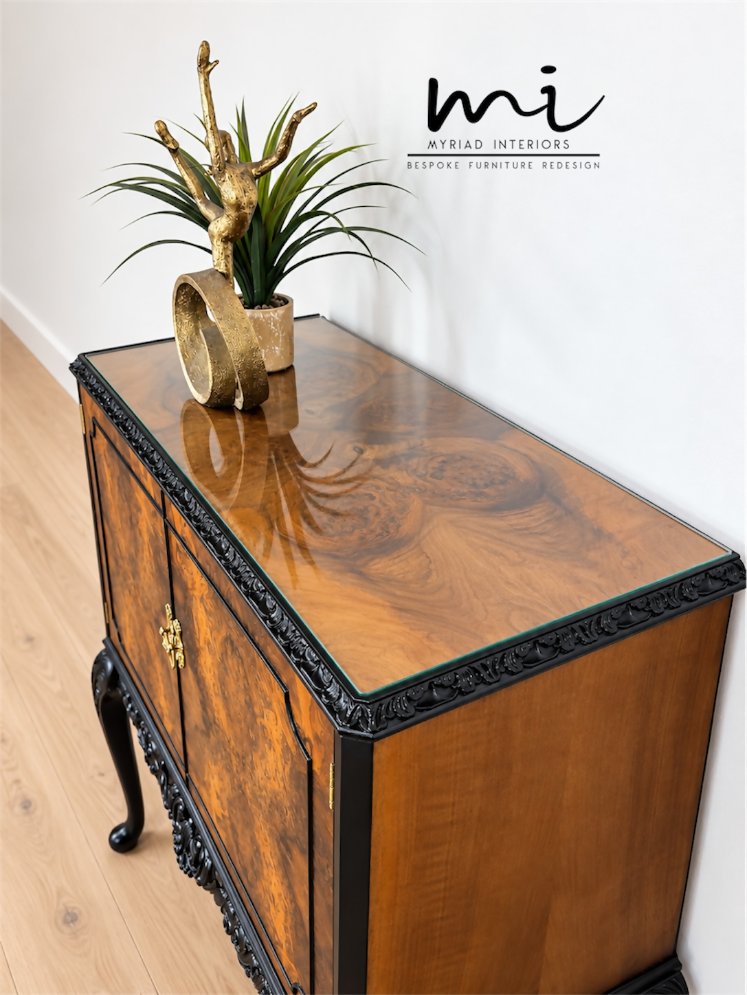 Refurbished Art Deco Burl Walnut Queen Anne Cocktail Cabinet in black and gold with cabriole legs, vintage drinks cabinet,