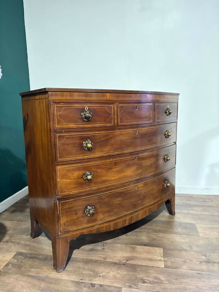 19th Century String Inlaid Bow Fronted Mahogany Chest Of Drawers