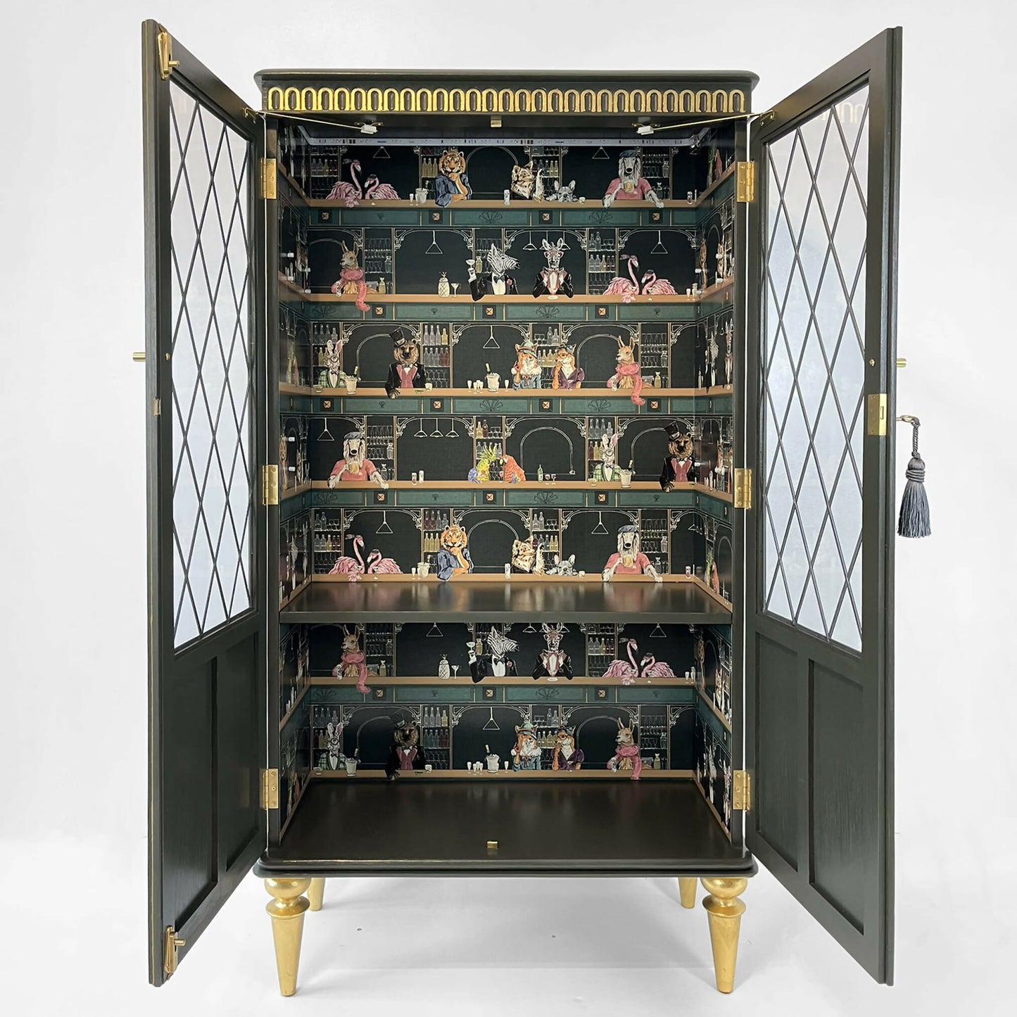 Painted green antique china cabinet with animals in the bar and glass door and gold legs - Copy