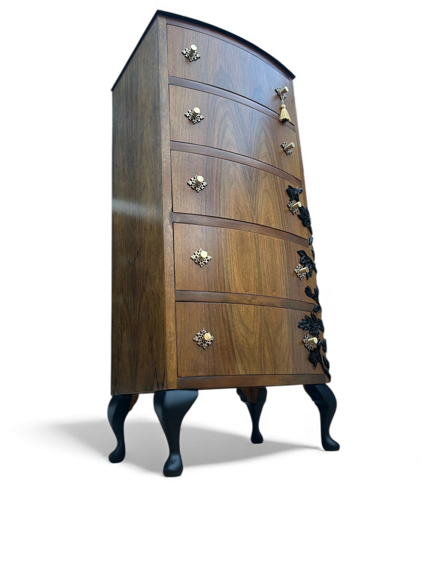Floral Refinished Vintage Slim Tall Boy Chest of Drawers