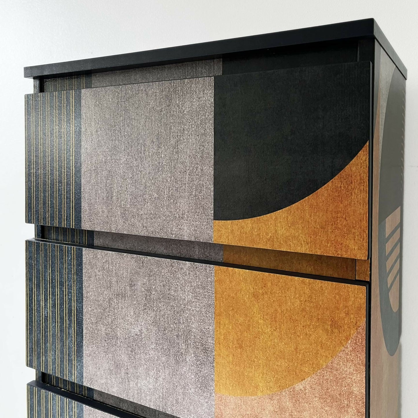 modern shallow chest of drawers, dcorated textured abstract pattern from closer