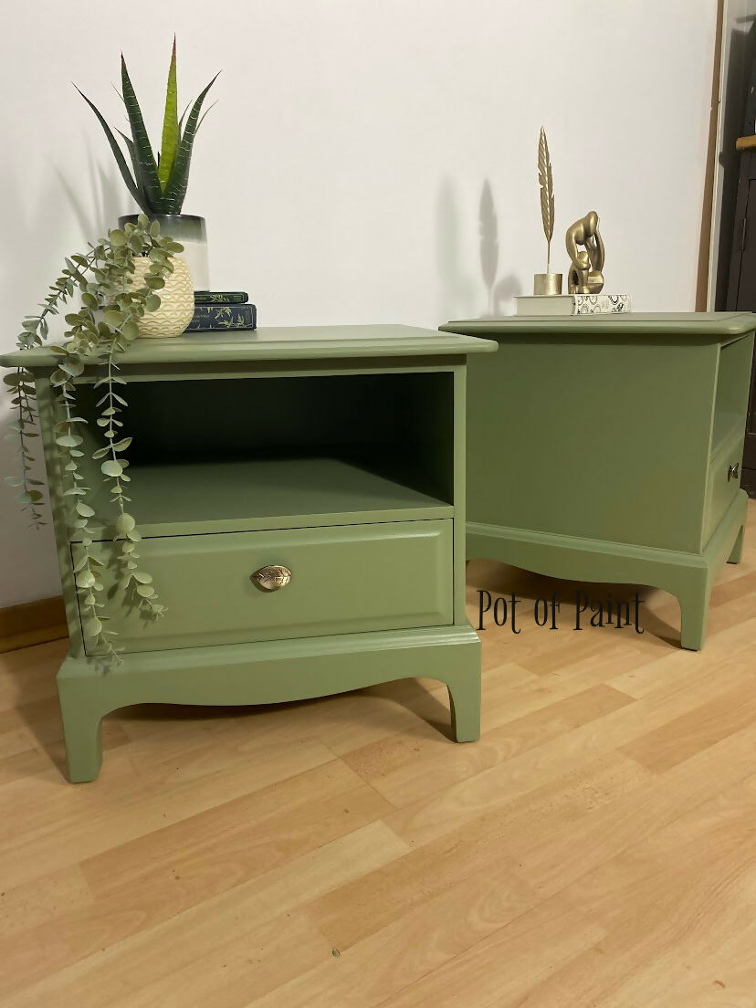 Pair of Stag 1 drawer, Sepal Green bedsides tables
