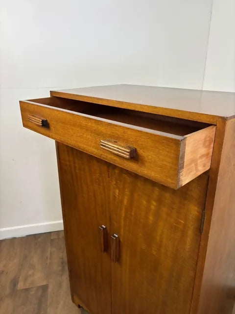 Vintage Oak Tallboy Wardrobe with Drawer Over Cupboard