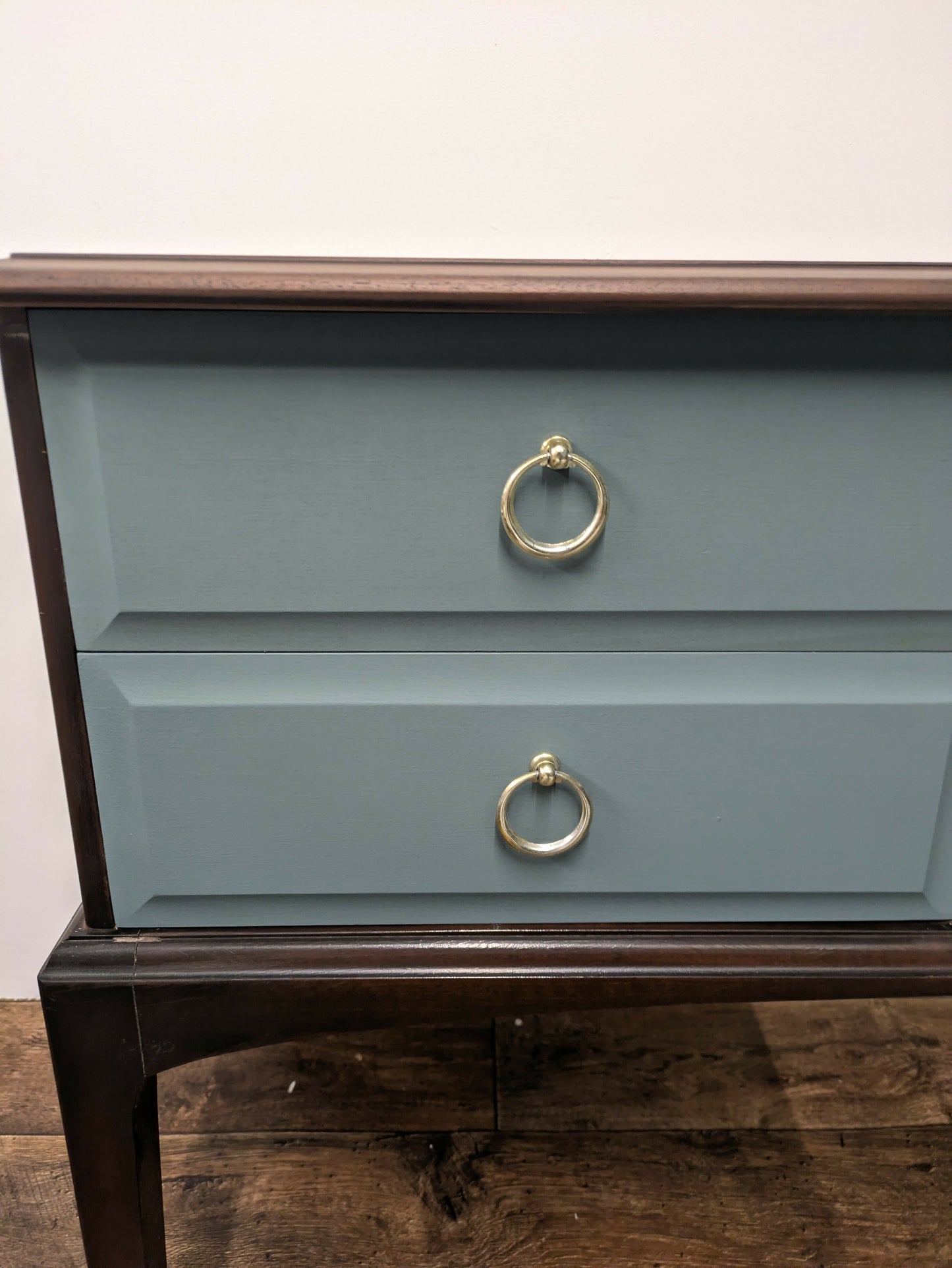 Vintage Stag Minstrel Dressing Table, Desk Dark Wood and Green Blue. Painted Upcycled Furniture