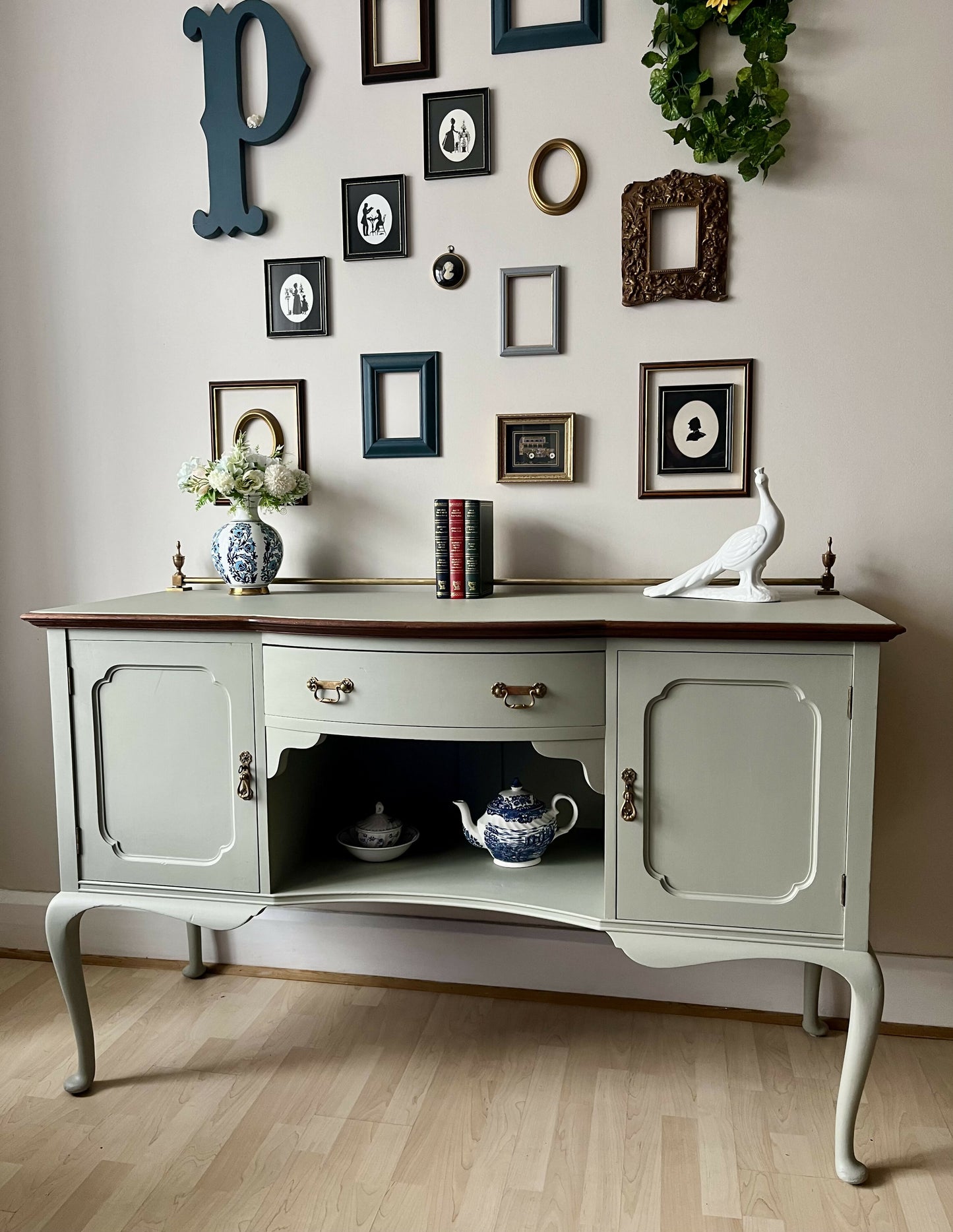 Antique Sage Green Greyish Sideboard: Bow-Fronted Cabinet with Brass Rail