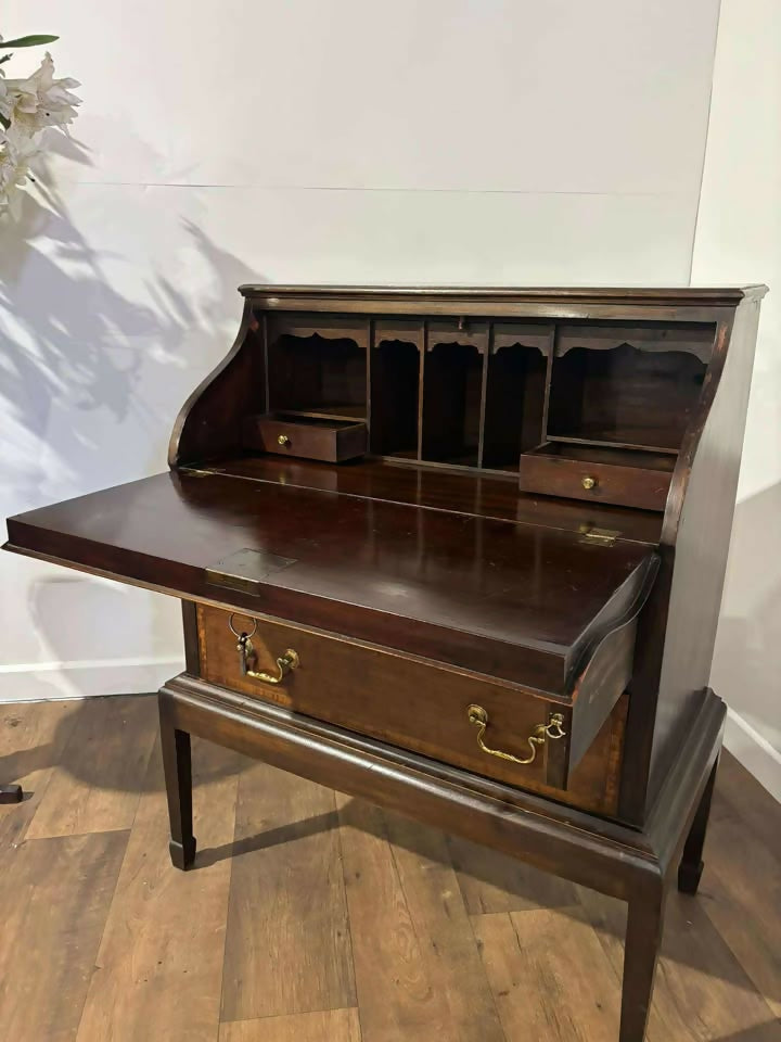 Edwardian Mahogany Cross Banded Bombay Bureauas