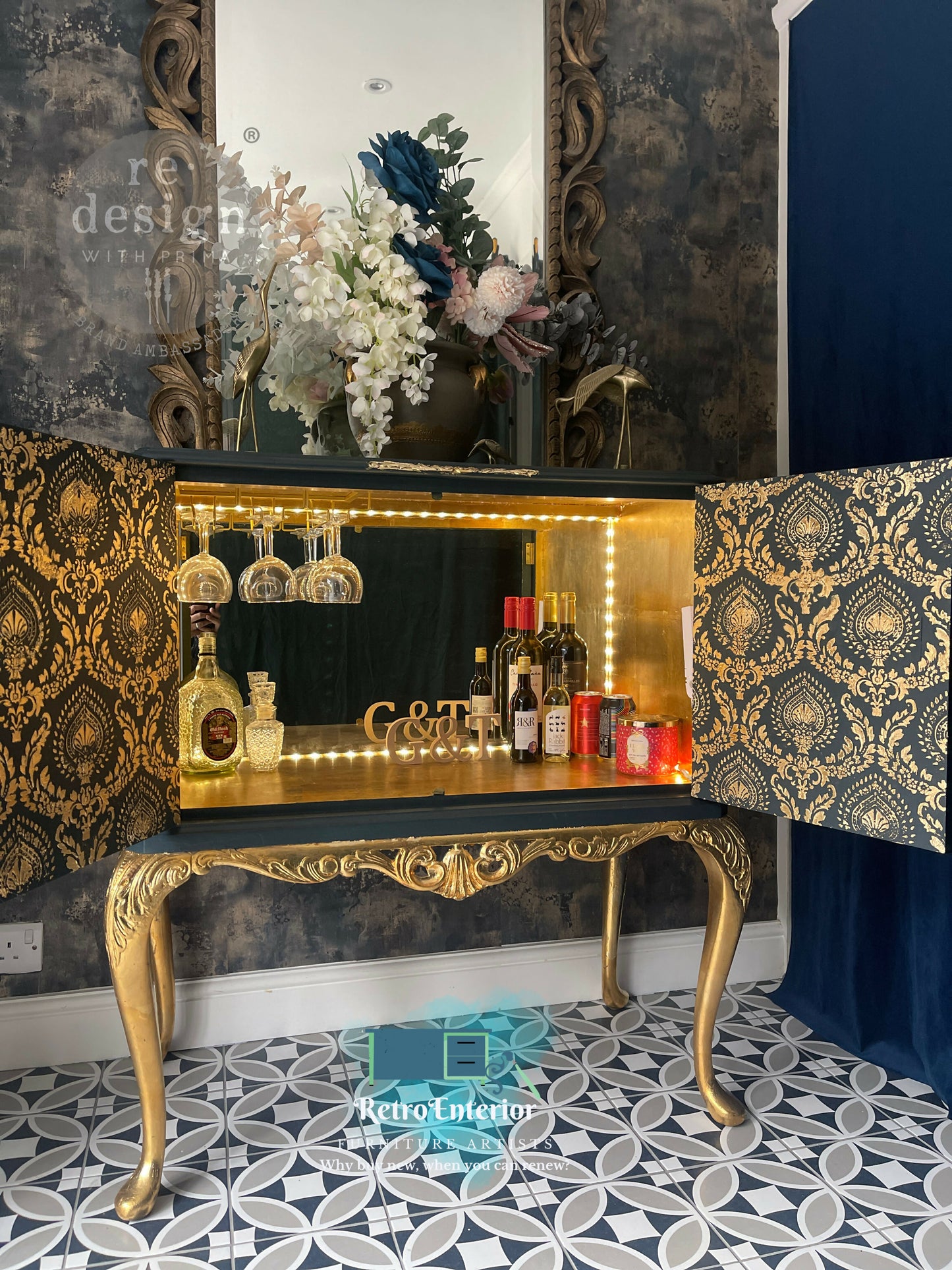 Blue and Gold art Deco cocktails/drinks cabinet
