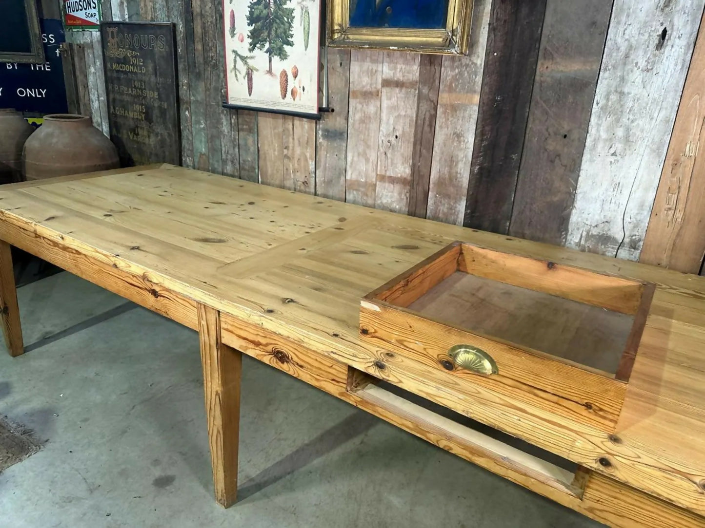 Antique Large Rectangular Long Pine Refectory Dining Table, C 1900. L300