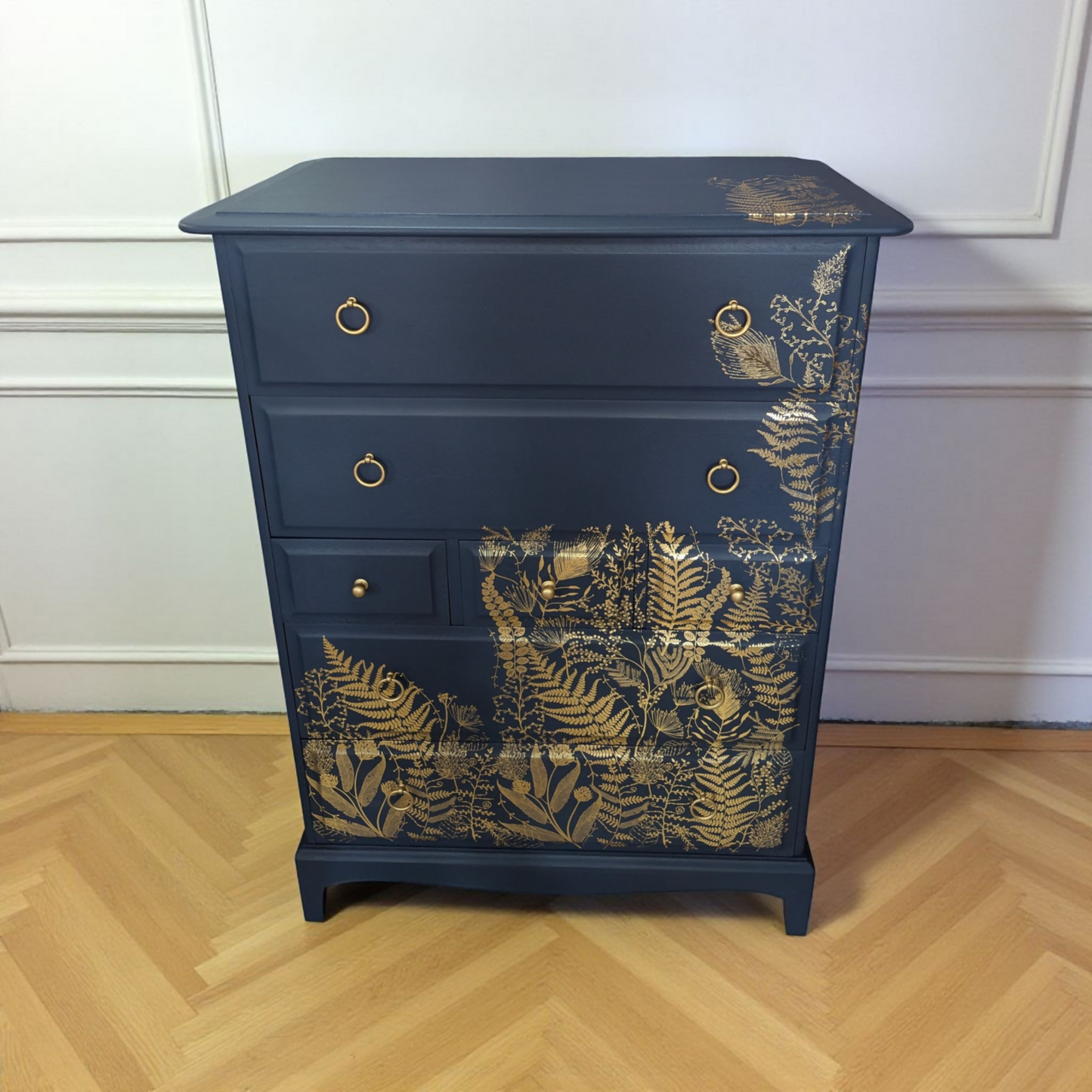 Vintage Stag minstrel 7 drawers tallboy, navy blue chest of drawers mid century modern dresser