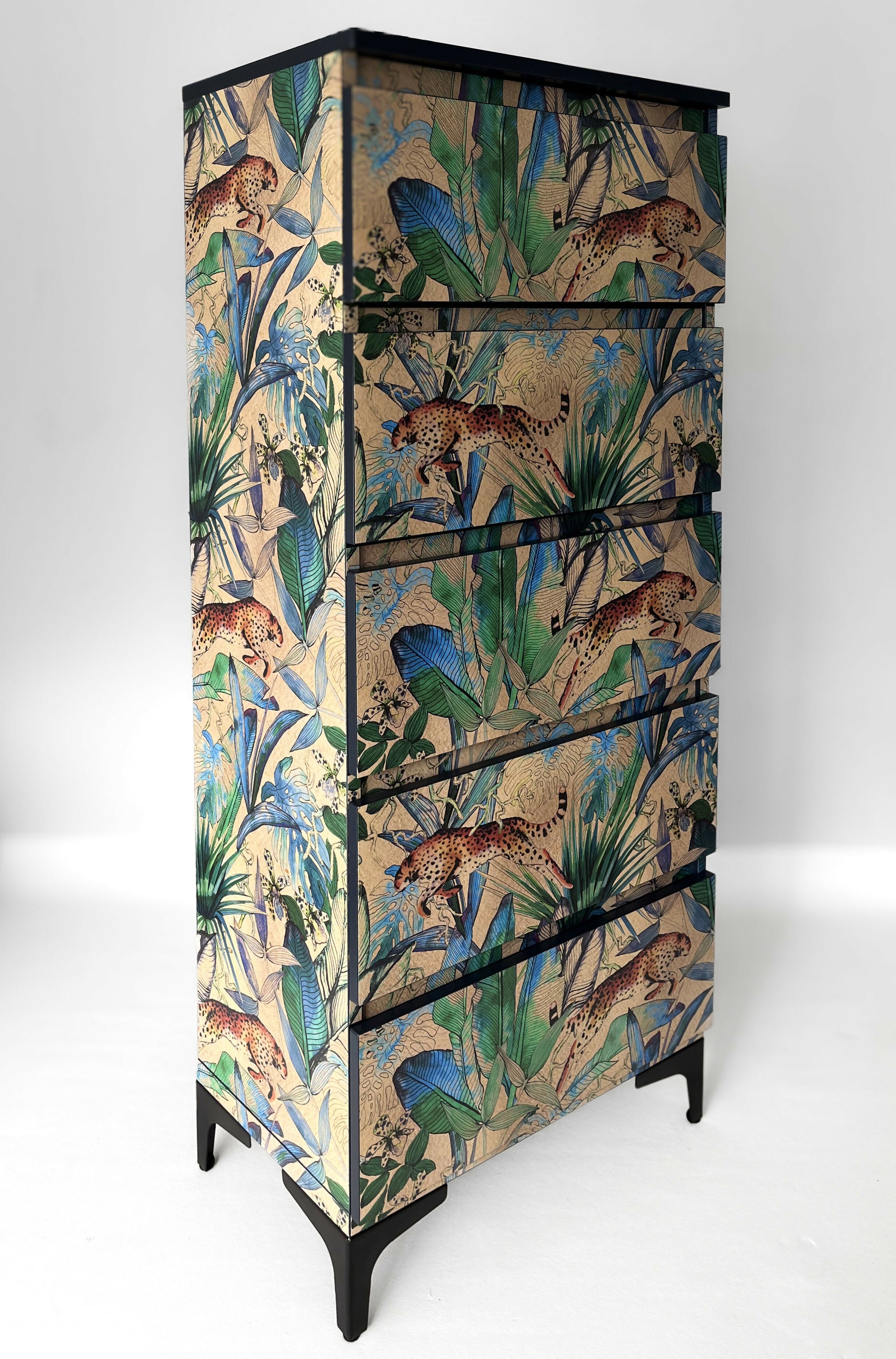 Upcucled and restyles tall shallow chest of drawers