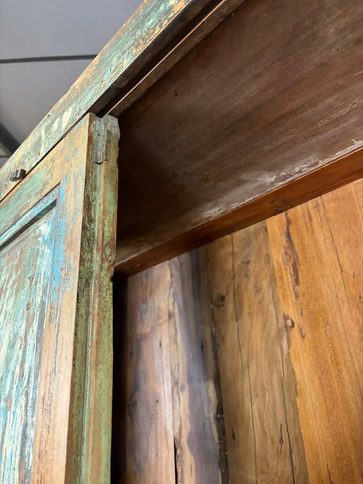 Large Vintage Rustic Indian Triple Door Cupboard in Distressed Blue