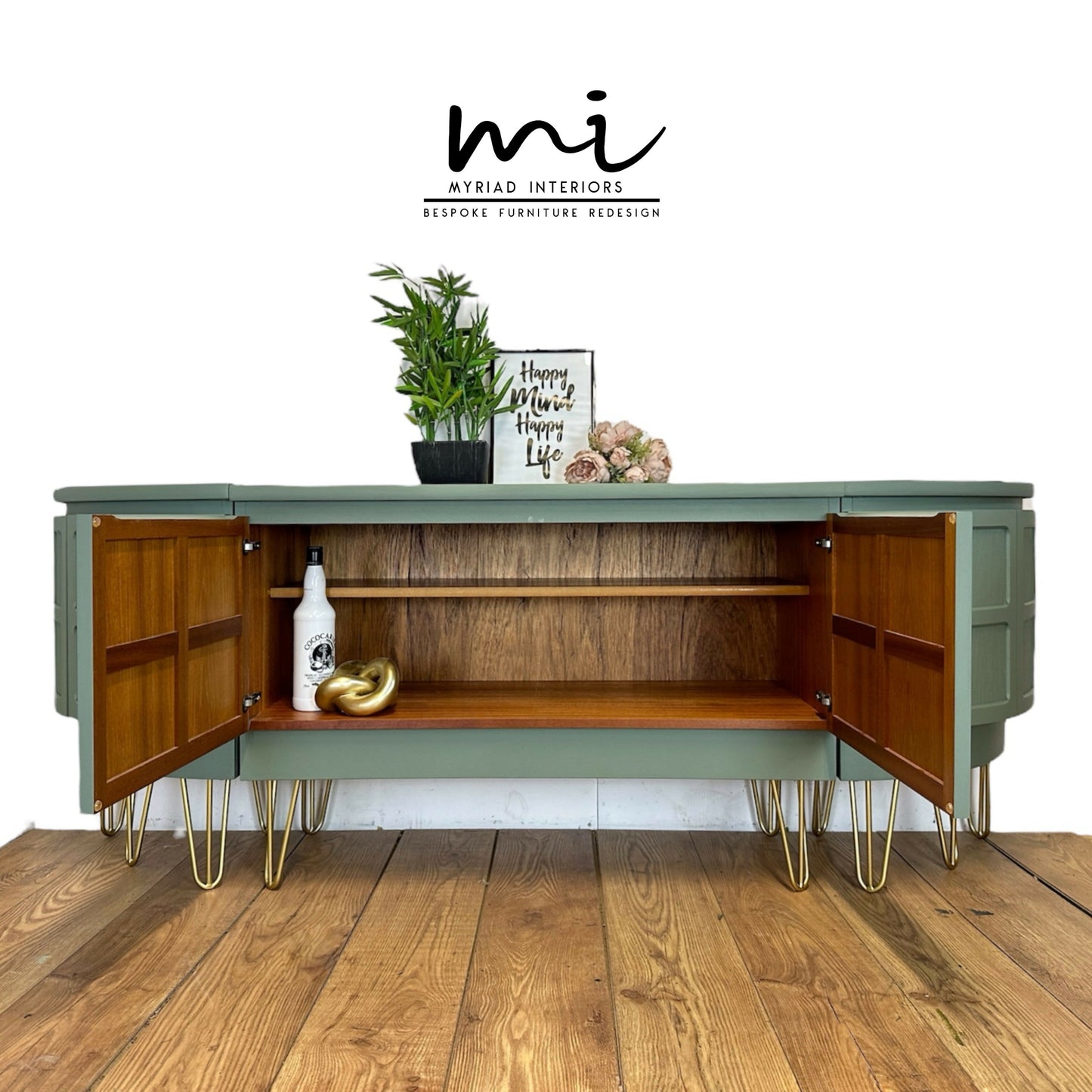 Made to Order Refurbished mid century modern Nathan large sideboard set, drinks cabinet, TV stand, media unit, sage green, decoupaged, cocktail, console