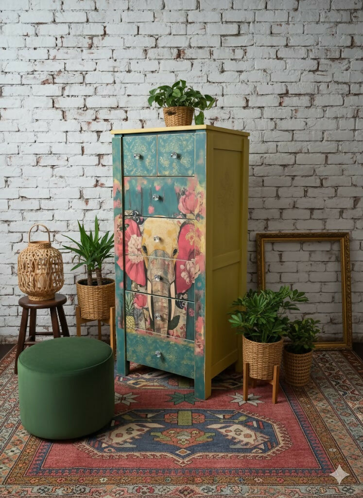 Hand painted bright and whimsical tall chest of drawers