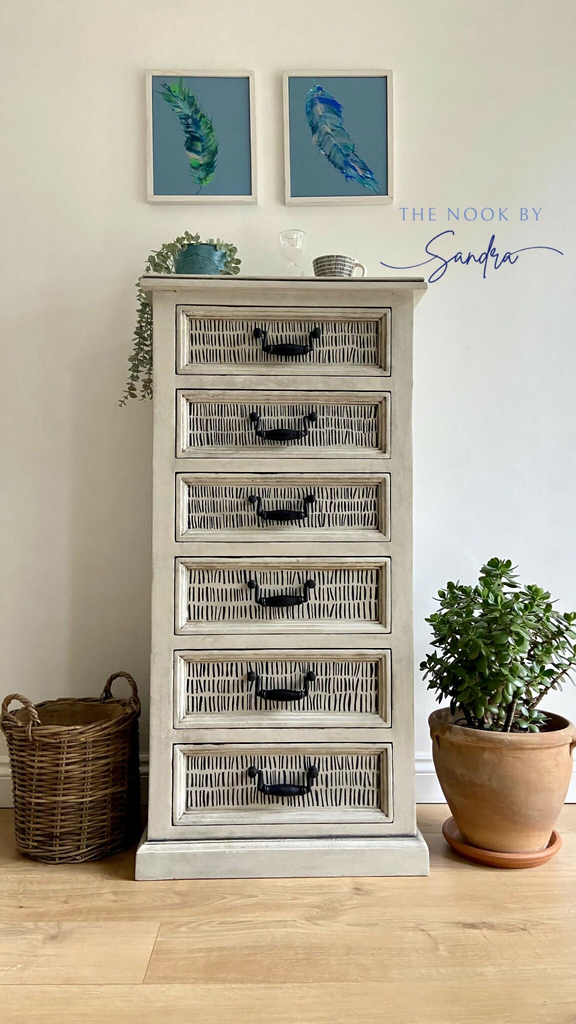 Hand-Painted Tallboy Chest of Drawers in Artisan Dash Pattern, Upcycled Furniture