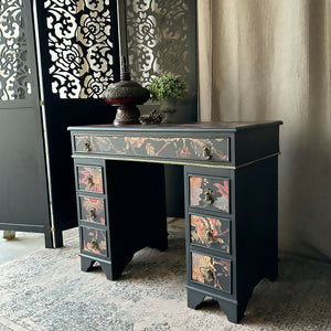 Small Vintage Desk Painted Black & Decoupaged Oriental Theme Twin Pedestal Desk