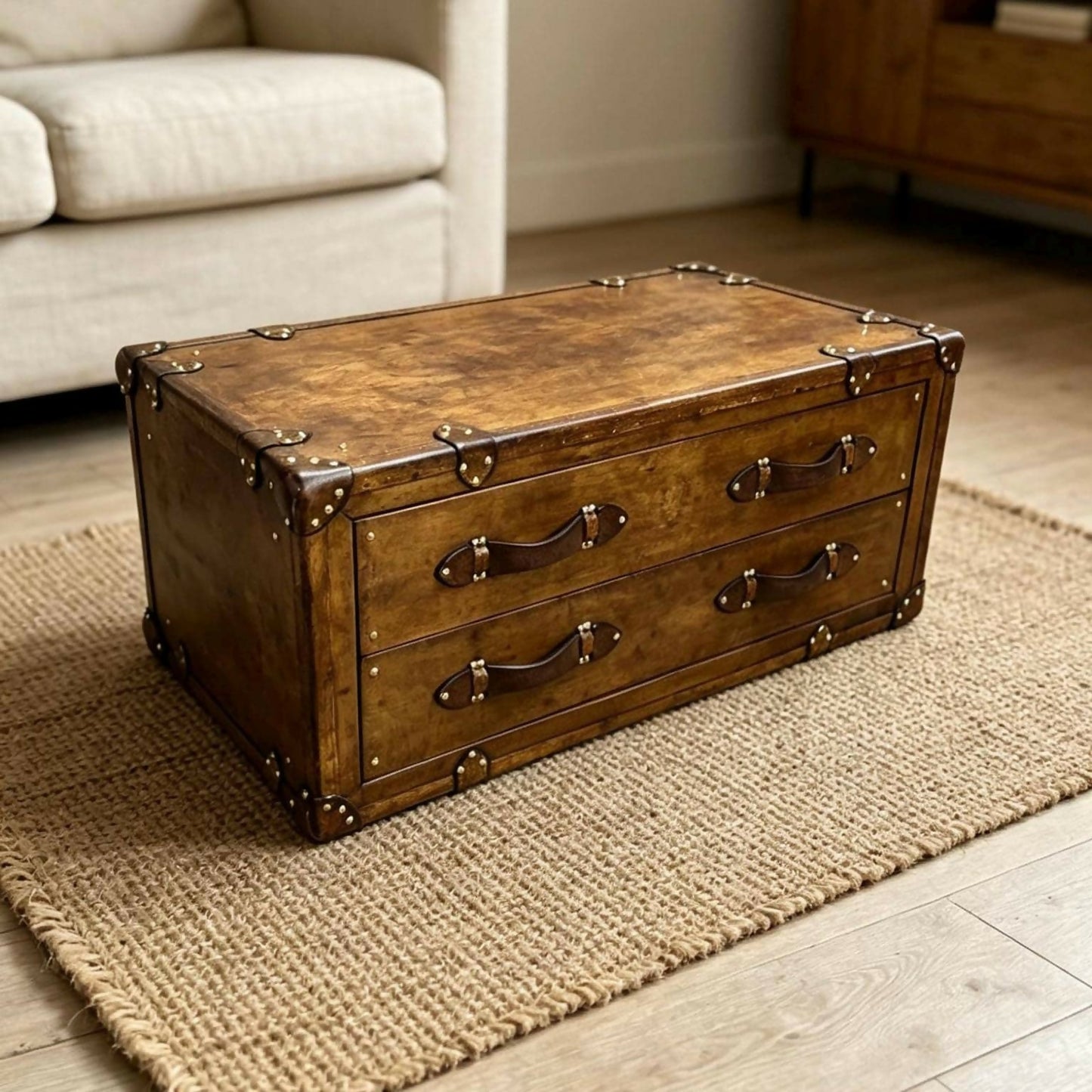 Handmade Vintage Coffee Table, Rustic Drawer Chest, Bridle Leather, English Steamer Style, Solid Hardwood