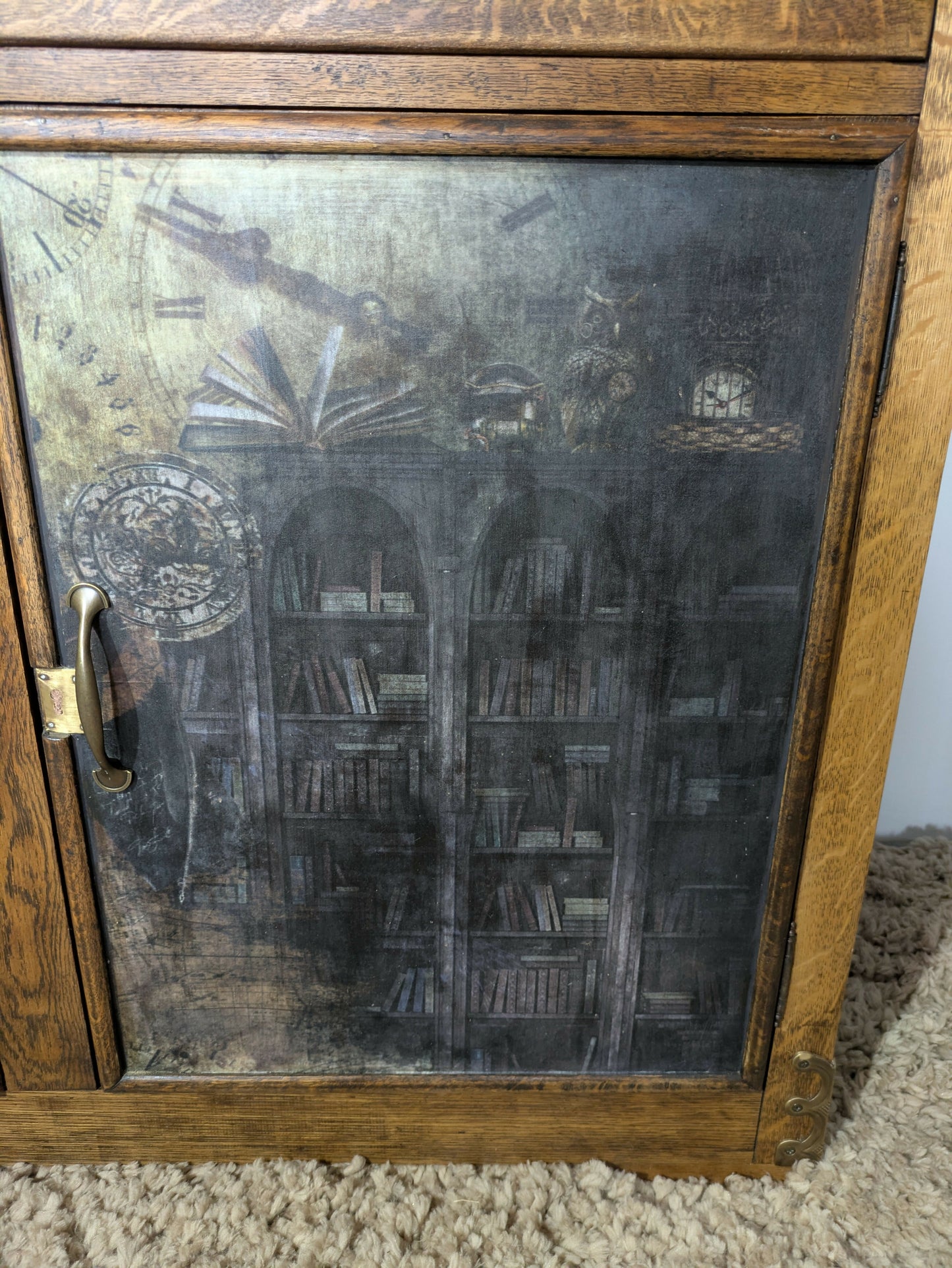 Hand-Painted Vintage Cupboard in Annie Sloan Black and Hornfleur | Decoupage Detail and Brass Hardware